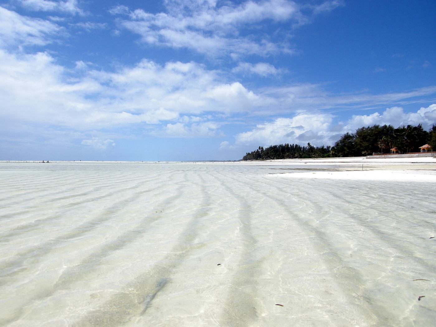 Weiter weißer Sandstrand auf Sansibar bei Ebbe unter blauem Himmel